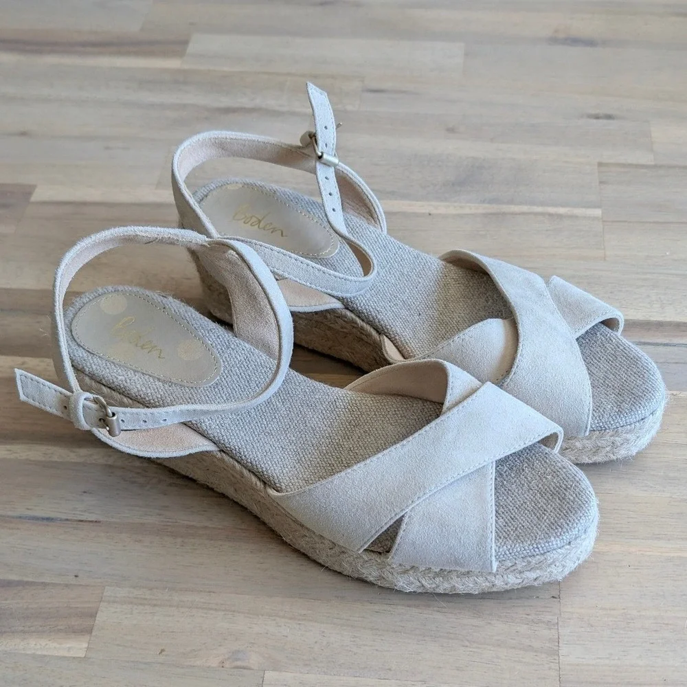 Boden Suede Espadrille Wedge Sandals Beige Platform Ankle Strap Size 40‎ (US 9)